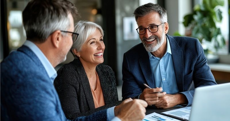 Three older adults discussing financial charts at a table